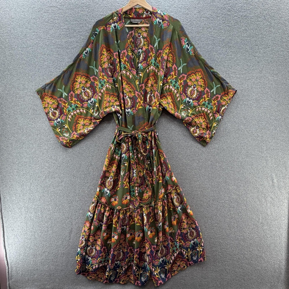 Anthropologie Robe Womens Small Green Floral Kaftan Maxi Kimono Sleeve Belted